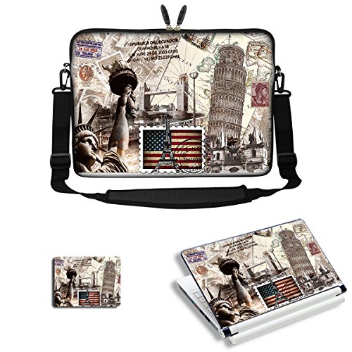 15 15.6 inch Laptop Carrying Sleeve Bag with Adjustable Shoulder Strap & Matching Skin Sticker, Mouse Pad Combo - World Landmarks