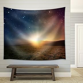 Beautiful Sunrise with Stars and Galaxy in Night Sky. - Fabric Wall Tapestry Home Decor - 51x60 inches
