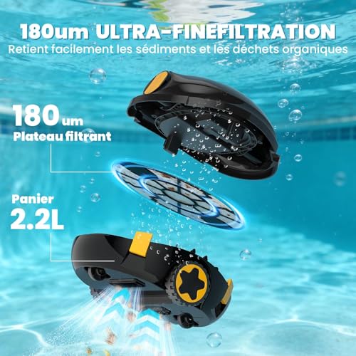 Robot Nettoyeur de Piscine sans Fil | Aspirateur de Piscine Automatique, 120 Min d'autonomie, Auto-Stationnement & Ultra Léger | Robot pour Piscine Hors-Sol ou Enterrée à Fond Plat jusqu'à 110 m²(n)