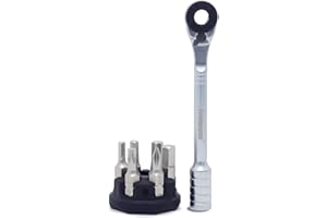 Prestacycle Prestaratchet Micro Pocket Ratchet Kit with (6) S2 Bits and Round Holder Stand – Compact 1/4" Hex Ratchet Tool, Reversible Thumb-Wheel, Heavy-Duty 40Nm Torque
