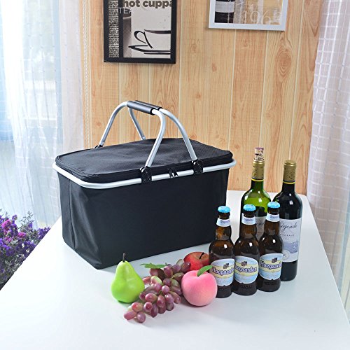 GGK-Outdoor-Folding -Waterproof -Picnic Ice Bag Insulated Picnic Basket - Strong Aluminum Frame (Black)