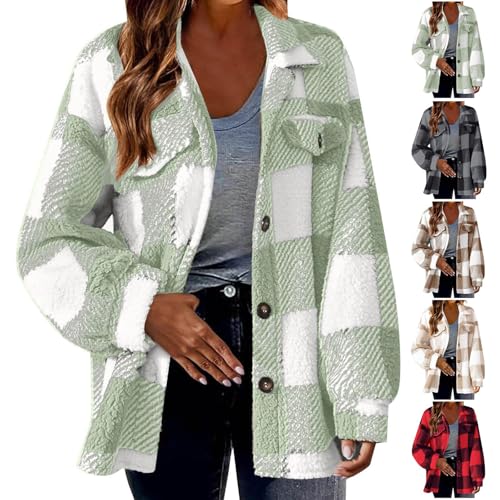 Fleece Jacket Women Plus Size Button Down Women'S Cardigans With Pockets Soft Comfortable Sherpa Coat Casual Long Sleeve Bomber Jackets Fashion Plaid Ladies Lightweight Jackets Winter Warm Coat