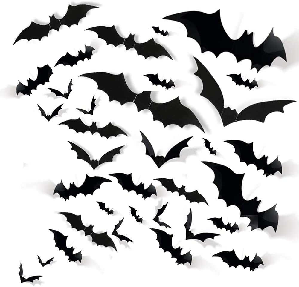 Alnicov 48 Pcs Halloween 3D Scary Black Bat Stickers,PVC Bat Wall Decals for Home Window Decor Halloween Eve Party Supplies,Assorted Size