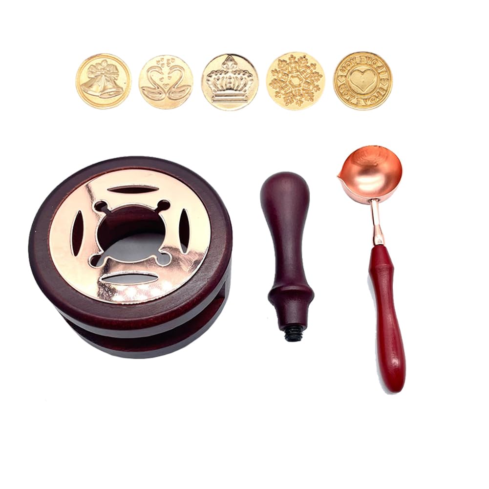 Wax Seal Stamp Set, Vintage Sealing Stamp Retro Wax Seal Warmer Kit Wax Beads Stamp Melting Stove Wooden 5PCS Sealing Wax Stamps Brass Seals Wooden Handle Copper Spoon for Card Envelope Wine Package