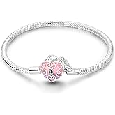 Charm Bracelet for Women Sterling Silver, Heart Clasp Snake Chain Bracelet Travel Charm Moments European Bracelet Jewelry Compatible with Pandora Charms, Gift for Her