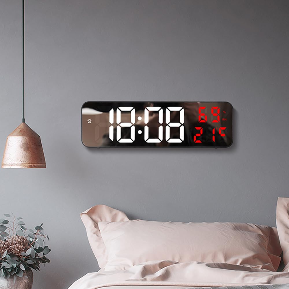 Aolyty LED Digital Wall Clock, Table Alarm Clock Large Display, Desk Mirror Clock with Adjustable Brightness Temperature Date Humidity Display (White red)