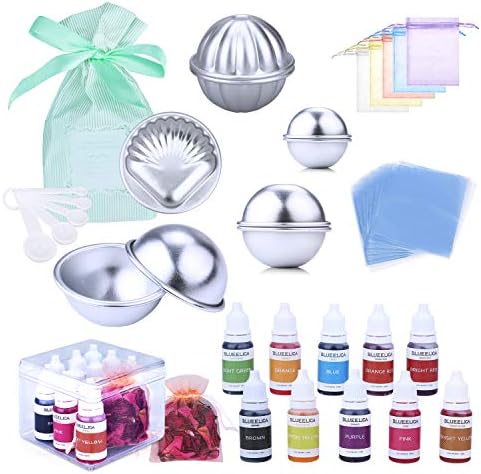 Bath Bomb Making Supplies Kit with 10 Colors Liquid Soap Dye,10 PCS 5 Set Metal Bath Bomb Molds,50PCS Shrink Wrap Bags,Spoons for DIY Handmade Soaps and Crafting Your Own Fizzies