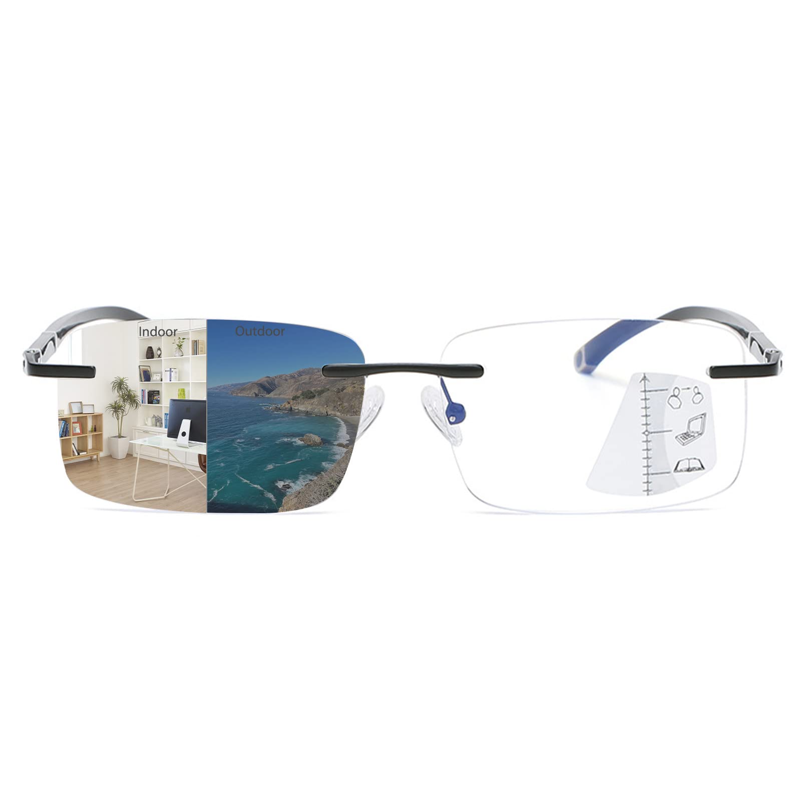 Photo 1 of K.LAVER Photochromic Progressive Multifocal Reading Glasses Blue Light Blocking Glasses Rimless Transition Sunglasses Unisex