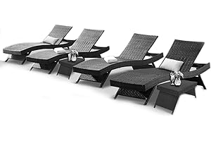 Asifom Outdoor Patio 4 Adjustable Backrest Chaise Lounger and 2 Side End Tables, 6 Piece Lounge Chair Patio Pool Outside Rattan Reclining Lounge Chairs with Coffee Table