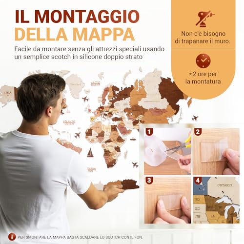 WOW WOOD® Wooden World Map 3D in Italian – High Quality Wall Decorations | Wall Mount Without Tools | Gift Idea for Any Occasion (113.00 x 213.00 CMS, Wood Colour)