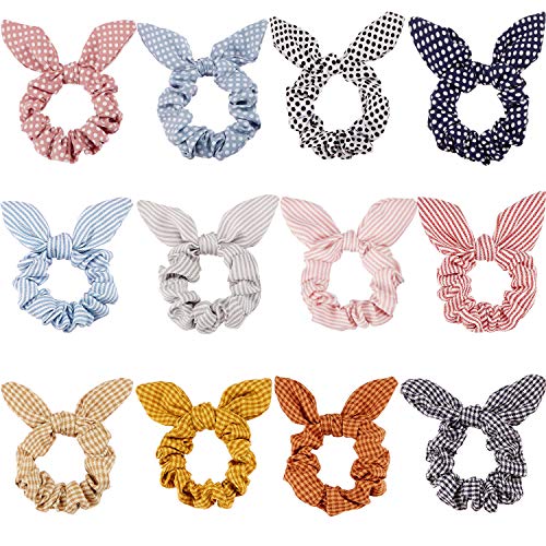 Photo 1 of 12 Pieces Hair Scrunchies Rabbit Bunny Ear Bow Bowknot Scrunchies Bobbles Elastic Hair Ties Ropes Ponytail Holder Accessories for Women Girls (Wave Point)