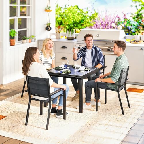 Outsunny 7 Piece Patio Dining Set for 6, Aluminum Expandable Outdoor Table and Stackable Chairs with Padded Back and Mesh Seats, Patio Furniture Dining Set for Garden, Black