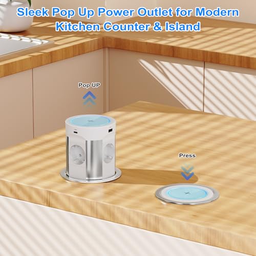 Worktop retractable socket, 2 USB-C 75 W Total, Qi 15 W, Ø100 mm | Built-in power strip with single push outlet, 4 AC outlets, 2 USB-A 45W+30W, kitchen and central island, white