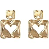 JustMoMoMin Gold Square Heart Carved Dangle Drop Statement Earrings for Women Jewelry