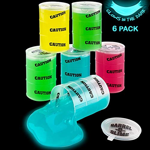 Kicko Glow in the Dark Slime Barrels - 6 Pack of Colorful Sludgy Gooey Fidget Kit for Sensory and Tactile Stimulation, Stress Relief, Gift Prize, Party Favor, Educational Game - for Kids, Boys, Girls