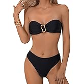 Memashore Bandeau Swimsuits for Women Cheeky Bikini Sets Black 2 Piece Sexy Bathing Suit Tube Top Self Tie Back Strapless Bra Retro Low Rise Brazilian Thong Bikini Bottom Midsize
