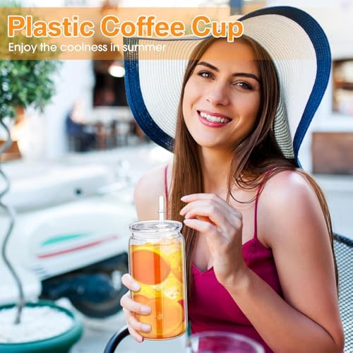 Mason Jars with Lids and Straws, 16oz Clear PC Plastic Drinking Tumblers, 6 Pack Reusable Cups for Iced Coffee Water Juice Milk Wedding Party Kitchen Table top Beverage Drinkware