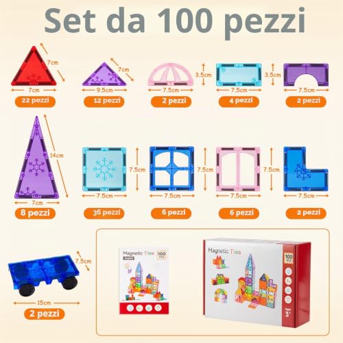 Xekel 100 Pieces Children's Magnetic Buildings with Powerful Magnets, Magnetic Tiles Educational, Buildings for Children 3+ Years, Creative Gift