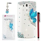 Ancerson 3D Handmade Luxury Shining Glitter Crystal Diamond Rhinestones Hard Back Case Cover for LG G3 D855 Free with a Red Stylus Touchscreen Pen, a 3.5mm Universal Crystal Diamond Rhinestones Bling Lovely Silvery Flower Blue Panda Pendant Dust Plug and a Cleaning Cloth(Transparent Clear Case) (Blue Butterfly Fairy Angel Girl Spirit Lady)
