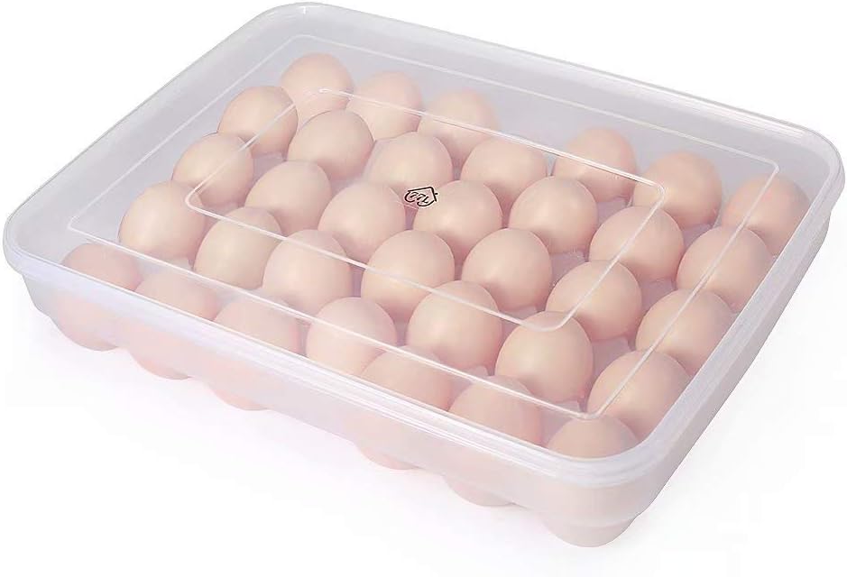 77L Egg Container, 34 Large Egg Container with Lid for Refrigerator, Plastic Clear Portable Egg Tray - Protect and Keep Fresh, Stackable Egg Holder Case