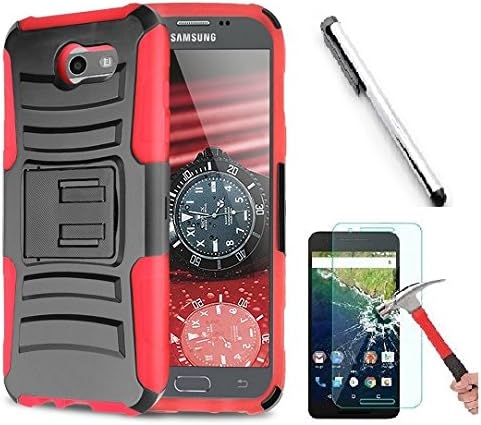 Luckiefind Compatible Samsung Galaxy J3 Emerge/J3 Prime/J3 Mission/J3 Luna Pro/J3 Eclipse, Dual Layer Side Kickstand Cover Case With Holster Clip (Red)
