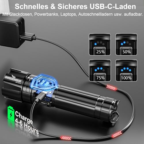 Shadowhawk Torch LED 10000 Lumens, Extremely Bright Torch, USB Rechargeable Tactical Torches with Holster CREE XHP70.2, IP67 Waterproof, 5 Light Modes, for Camping, Hiking, Emergencies (26650 Battery)