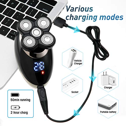 Electric Shaver for Men & Grooming Kit, GOOLEEN 5 in 1 Electric Razor Cordless Waterproof Wet Dry Rotary Bald Head Shaver Nose Trimmer Hair Clippers Facial Cleansing Brush LED Display USB Rechargeable