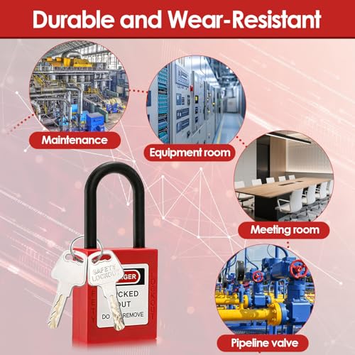 10 Pack Safety Lockout Padlocks with Keys, Lockout Padlocks with 2-Sided Labels and 10 Keys for Lock Out Tag Out Stations and Devices, Industrial, Electrical, Hydraulic and Pneumatic Applications(Red)