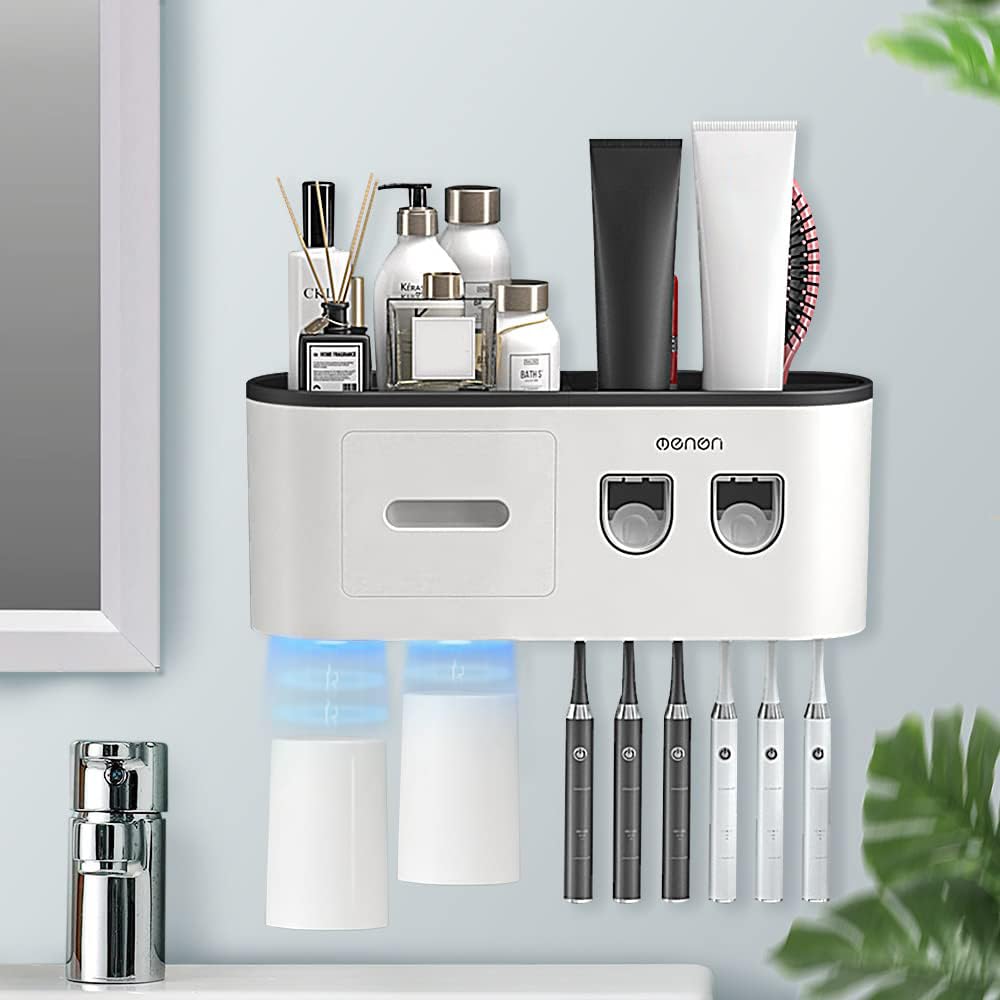 BHeadCat Toothbrush Holders Wall Mounted, Toothbrush Holder with Double Automatic Toothpaste Dispensers, 6 Brush Slots, 2 Magnetic Cups,1 Cosmetic Drawer Organizer and 1 Large Storage Tray（Black）