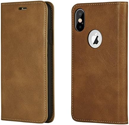 iPhone X Case (5.8"), Premium Handmade PU Leather Folio Wallet Case with 2 Credit Card Holder for Apple iPhone X, Book Design Protective Flip Cover Case for Men and Business (Yellow)