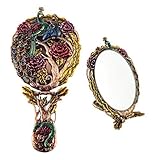 Ivenf Large Size Vintage Foldable Metal Handheld Oval Make-Up Mirror, Peacock Couple In Woods, Rose Copper