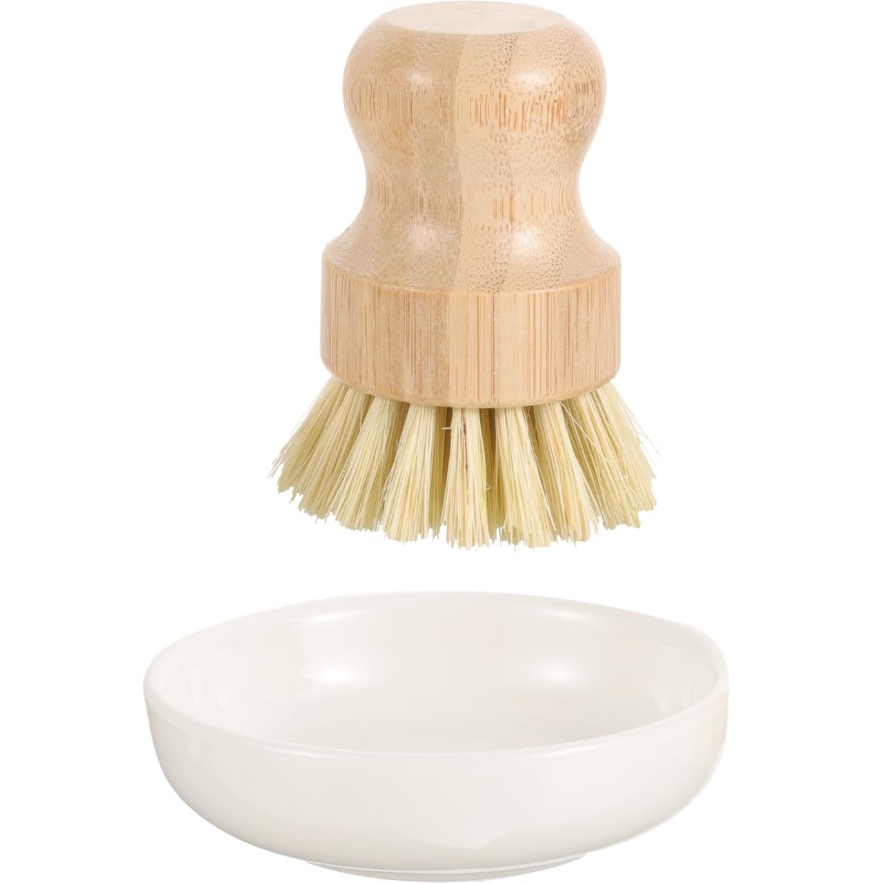 BESTonZON Bamboo Dish Pot Pan Brushes Set, Bamboo Scrub Brushes with Ceramics Holder Mini Palm Scrub Brush Pot Dish Brush Wooden Cleaning Scrubbers Scrub Brush for Dish Pots Pans Kitchen Sink Cleaning