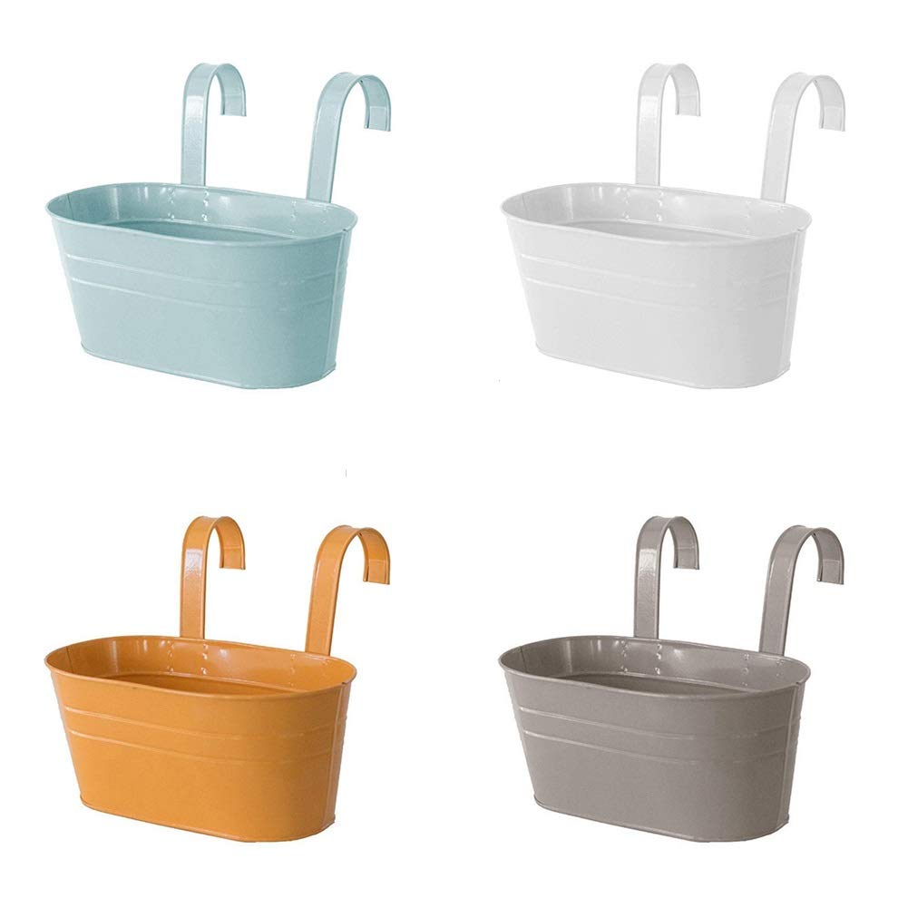 HLTER 4PCS Metal Iron Hanging Flower Pots Vase, Oval Railing Fence Garden Balcony Planter Pots with Hooks, Wall Hanging Planter Bucket Flower Holders for Fence Garden Home Decoration