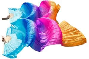 SNOWAQUA Belly Dance Faux Silk Veil Fans, 1 Pair (Left+Right) Faux Silk Bamboo Long Fans Veils, Handmade Belly Dance Dancing Silk Fans, Dance Performance