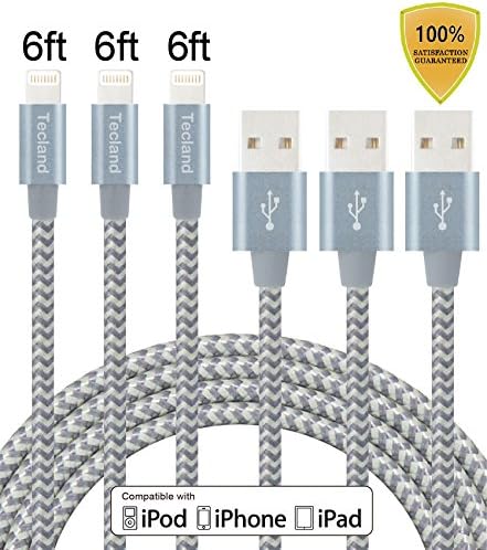 Tecland 3Pack 6FT Nylon Braided Lightning to USB Cable 8-Pin Data Sync Cord for iPhone 7/7plus/6/6s/5/5S/5C/SE/Plus, iPad 4,iPad Air 1/2/Pro, iPad Mini,Compatible with iOS10.(gray)