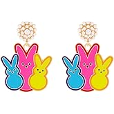 Easter Earrings Colorful Beaded Enamel Bunny Rabbit Dangle Earrings Funny Colored Egg Happy Easter Letter Statement Earrings Jewelry Bunny Gift Easter Decors for Women