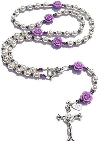 Rana Jabero Personalized Glass Pearl and Light Purple Flower Rose Silver Prayer Catholic Rosary Beads