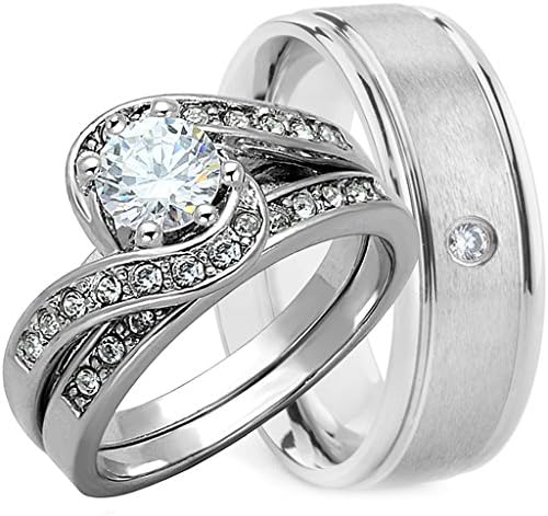 3 Pieces Men's and Women's, His &amp; Hers, 925 Genuine Solid Sterling Silver &amp; 8MM Brushed Stainless Steel with CZ Stone Engagement Matching Wedding Ring Set