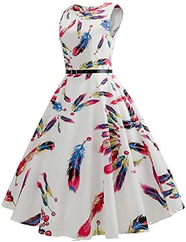 Quellfluss Women's Sleeveless Vintage Swing Casual Party Dress Floral Maxi Cocktail Evening Dress with Belt