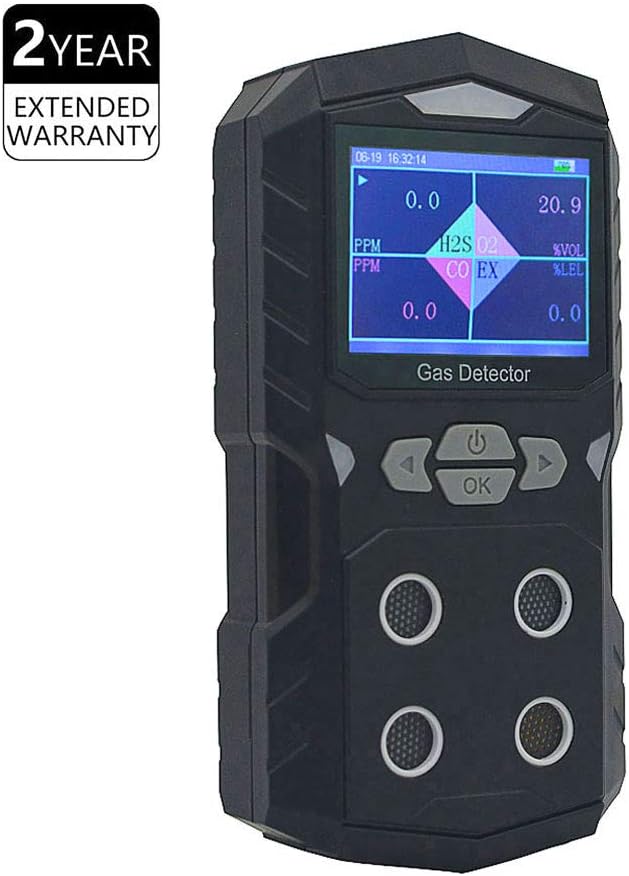 4 Gas Detector Handheld Multi Gas Monitor | Color Display with Graphing | Rechargeable Battery Sound Light Vibration Alarm, 2-Year Detector