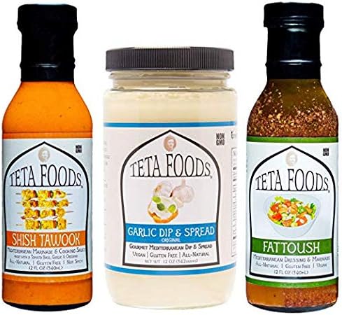 Teta Foods Garlic Dip & Spread, Shish Tawook Marinade, and Fattoush Dressing - Mediterranean Flavor Bundle of 3 - 12oz