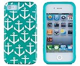 DandyCase 2in1 Hybrid High Impact Hard Nautical Anchor Pattern + Teal Silicone Case Case Cover For Apple iPhone 4S & iPhone 4 + DandyCase Screen Cleaner