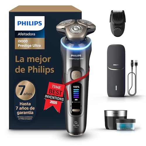 Philips i9000 Prestige Ultra, Afeitadora Eléctrica Hombre, Máquina de Afeitar Barba en Seco y Húmedo, Tecnología SkinIQ Pro, Recargable, Centro de limpieza, Recortador, Estuche de Carga UV, XP9402/46