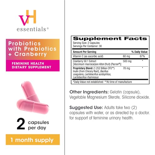 vH Essentials - Probióticos y Prebióticos con Arándano Salud Femenina 60 Cápsulas