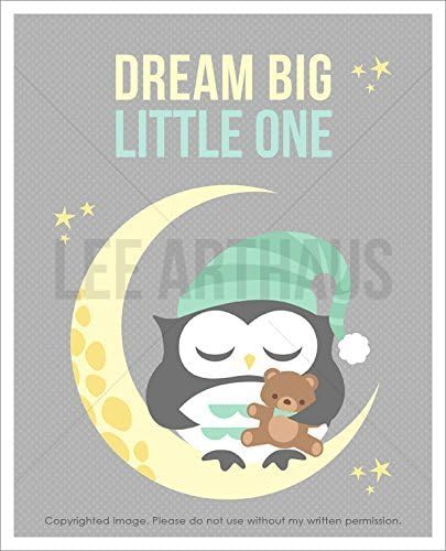 5T "Dream Big Little One" Baby Boy Owl Sleeping on Moon UNFRAMED Wall Art Print by Lee ArtHaus