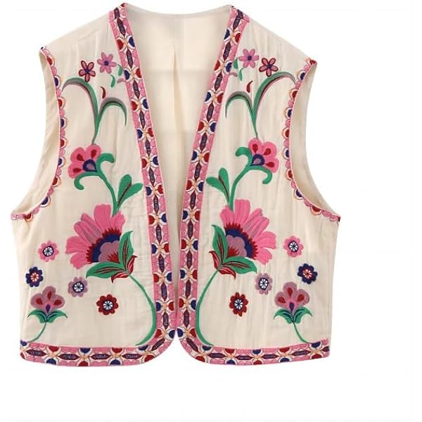 Meihuida Women Embroidered Vest Top Y2k Vintage Open Front Floral