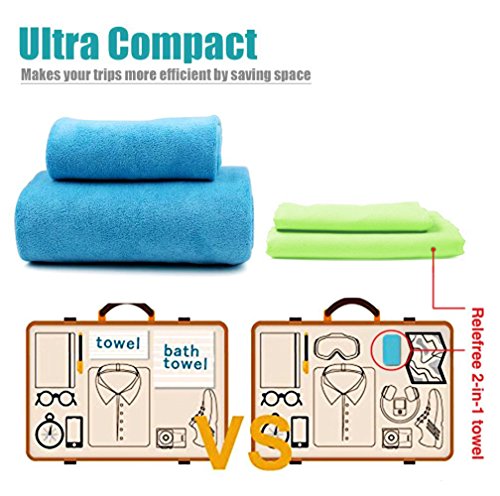 Relefree Premium Microfiber Towel for Travel, Sports & Outdoors FREE Hand/Face Towel & Mesh BAG, Antibacterial Quick-dry (Green)