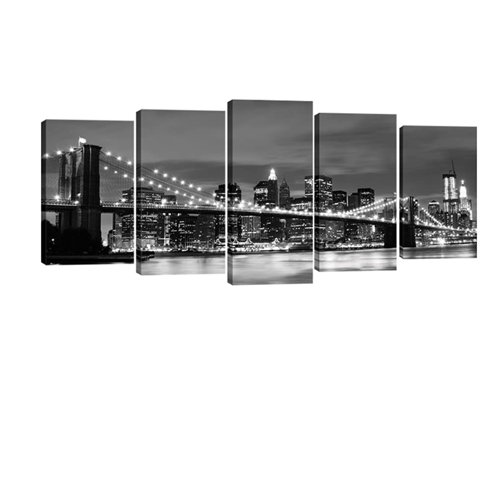 Wieco Art - Brooklyn Bridge Night View 5 Panels Modern Landscape Artwork Canvas Prints Abstract Pictures Sensation to Photo Paintings on Canvas Wall Art for Home Decorations Wall Decor