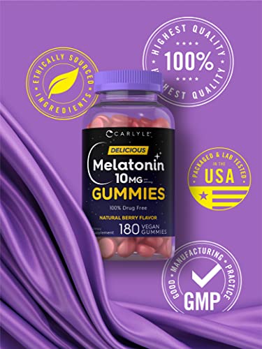 Melatonin Gummies 10mg | 180 Count | Adult Drug Free Aid | Natural Berry Flavor | Vegan, Non-GMO, Gluten Free | by Carlyle