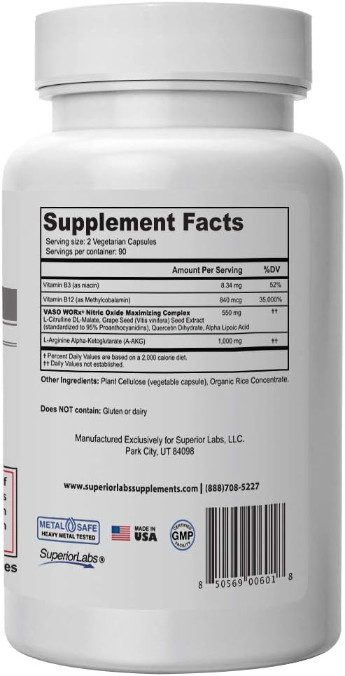 Superior Labs – VASOWORx® – Nitric Oxide Supplement – Extra Strength - 1,600 mg, 180 Vegetable Capsules – 7 Powerful Ingredients – Increased Energy, Stamina, & Circulatory Support: Health & Personal Care